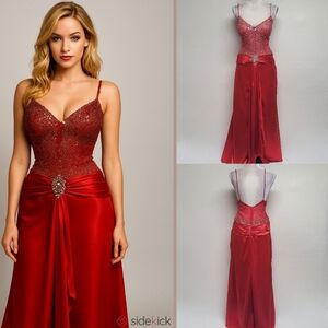 Le Gala Tony Bowls Garnet Red Satin Sequin Beaded Sheer Ruched Maxi Dress 12